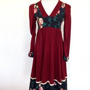 80's Ann Reeves & Co Burgundy Long Sleeves Dress - Size Eu 1 - Size US Small